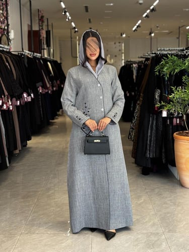 عباية D779 - بقماش لنن بتطريز وشك تحديد كحلي قصة س...