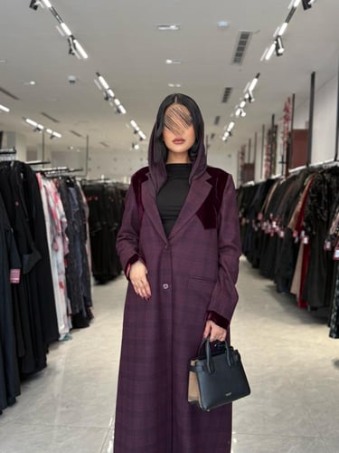 عباية D716- بليزر قماش جوخ كاروهات بتدخيلات مخمل -...