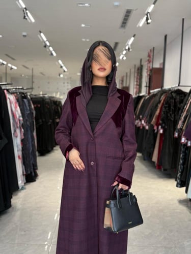 عباية D716- بليزر قماش جوخ كاروهات بتدخيلات مخمل -...