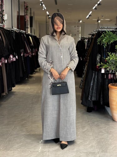 عباية D779 - بقماش لنن بتطريز وشك تحديد بيج قصة ست...