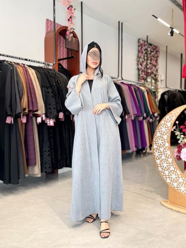 عباية D921 - بليزر بقماش كتان قصة ايه لاين - رمادي...