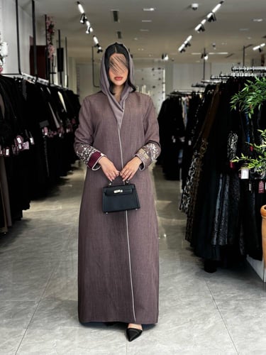 عباية D779 - بقماش لنن كم مطرز ملون تحديد بيج قصة...