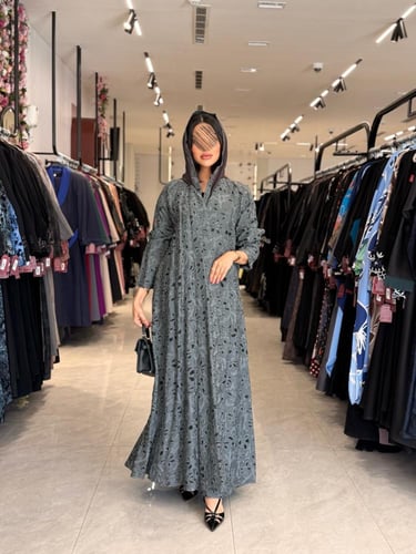 عباية D889 - بقماش اورجانزا مخرم نص كلوش - رمادي