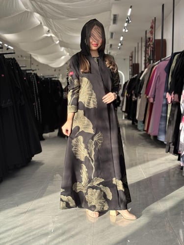 عباية D565 - صيفيه نصف كلوش قماش كتان مطرز - زيتي