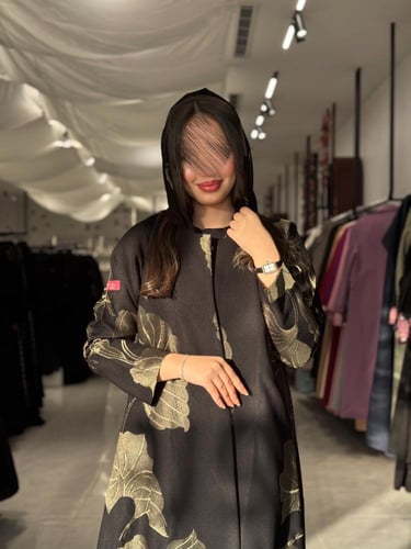 عباية D565 - صيفيه نصف كلوش قماش كتان مطرز - زيتي