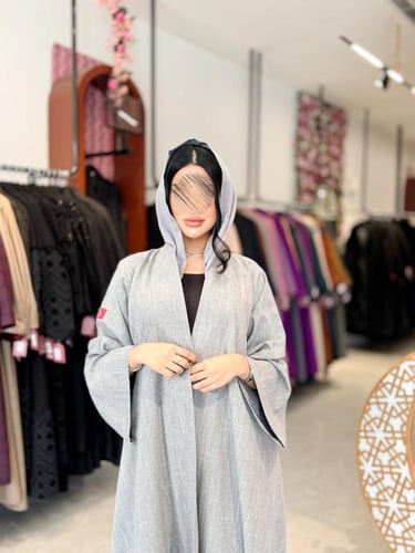 عباية D921 - بليزر بقماش كتان قصة ايه لاين - رمادي...