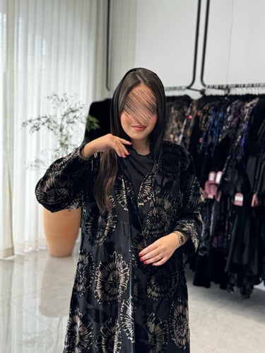 عباية D705 - شتوية قماش مخمل مشجر قصة نصف كلوش - ذ...