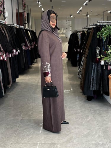 عباية D779 - بقماش لنن كم مطرز ملون تحديد بيج قصة...