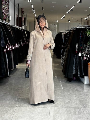 عباية D779 - بقماش لنن كم مطرز ملون تحديد بني قصة...