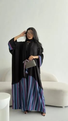 عباية D5119 - بقماش كريب كوبرا وشيفون مخطط قصة نص بشت - سماوي مع موف