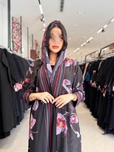 عباية D5001- صيفية بقماش حرير نص كلوش مطبع ورد - ز...