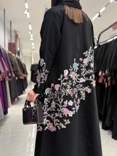 عباية D910 - بقماش سراميك نص كلوش بشك - زهري