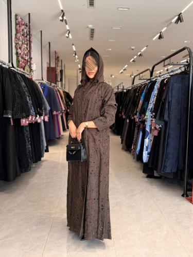 عباية D889 - بقماش اورجانزا مخرم نص كلوش - بني