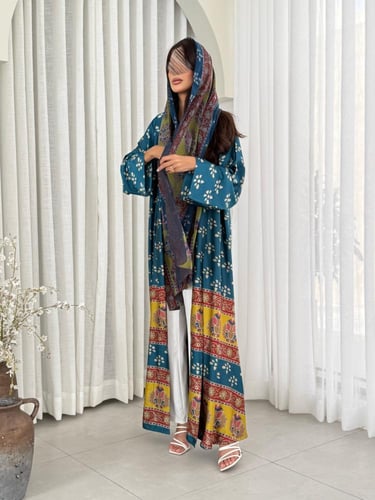 عباية D418 - تركواز طبعات بيج