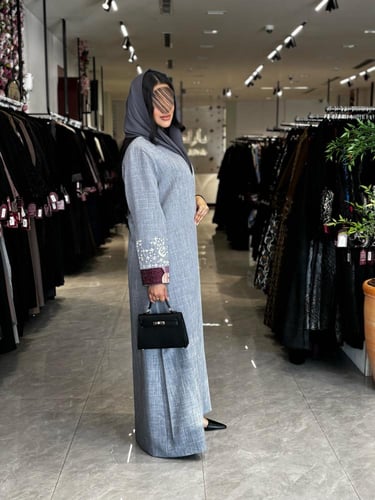 عباية D779 - بقماش لنن كم مطرز ملون تحديد كحلي قصة...