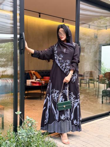 عباية D5055 - بقماش شيفون دبل فيس نص كلوش -اسود بف...