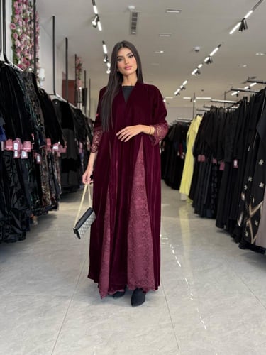 عباية D652-شتوية قماش مخمل تدخيلات دانتل - عنابي