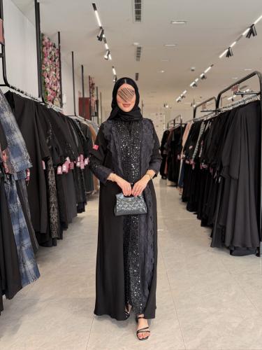 عباية D990 - ربع كلوش بقماش ملكي بياقة دانتل بشك -...
