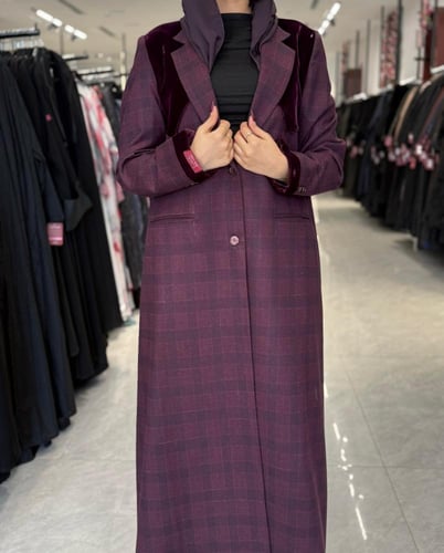 عباية D716- بليزر قماش جوخ كاروهات بتدخيلات مخمل -...