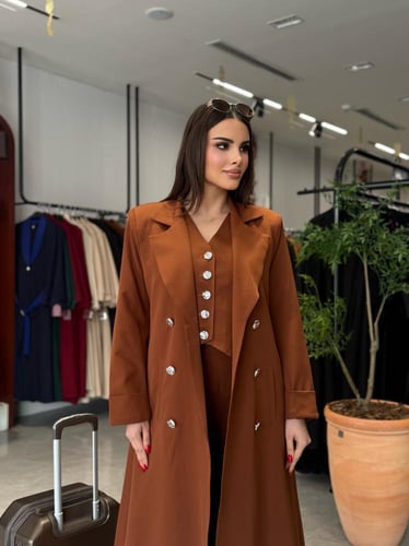 عباية D988 - بليزر تركي ثلاث قطع بقماش باربي - بني