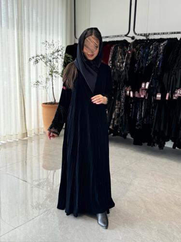 عباية D633- شتوية قماش مخمل كسرات دبل كلوش-كحلي