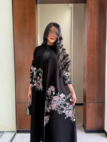 عباية D844 - بقماش سراميك بشك زهري