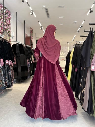 عباية D652-شتوية قماش مخمل تدخيلات دانتل - عنابي