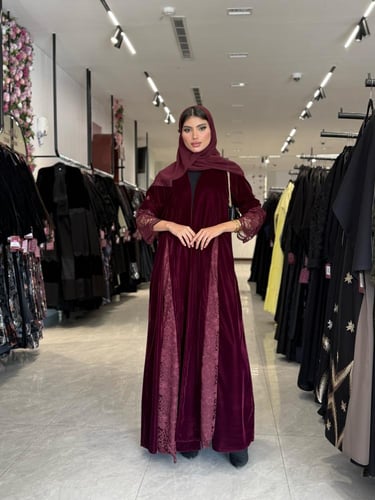 عباية D652-شتوية قماش مخمل تدخيلات دانتل - عنابي