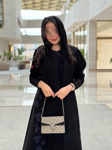 عباية D607 - كتان تطريز نصف كلوش - كحلي