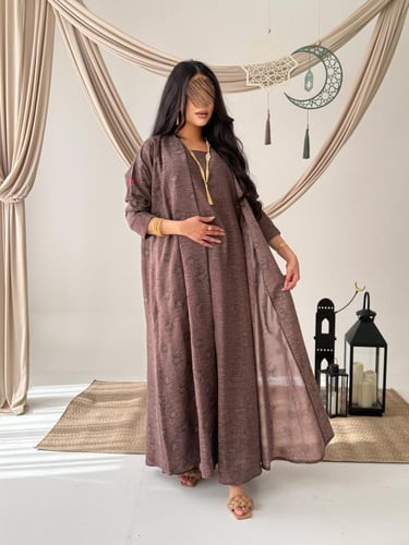 عباية D798 - بقماش لنن مخرم- (يشملها فستان ) - عود...
