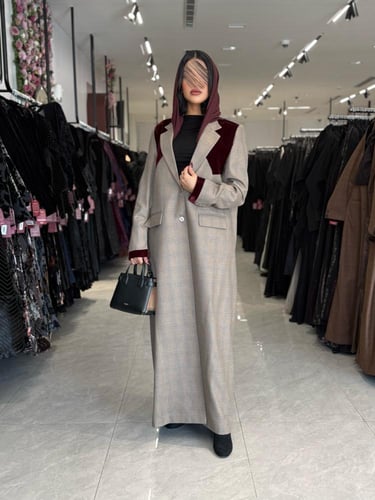 عباية D716- بليزر قماش جوخ كاروهات بتدخيلات مخمل -...