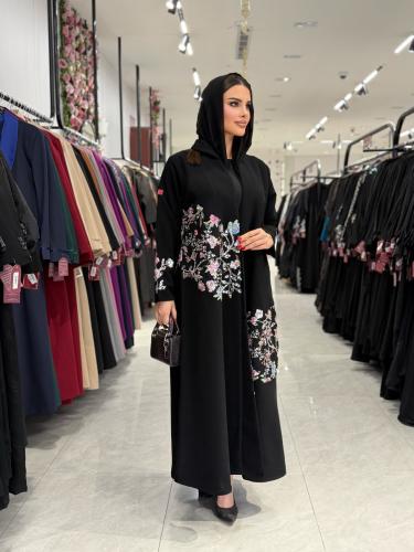 عباية D910 - بقماش سراميك نص كلوش بشك - زهري