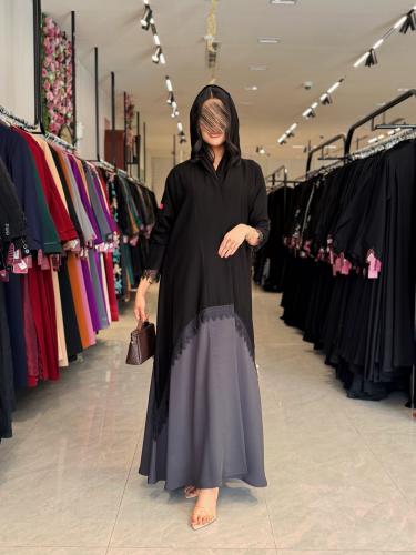 عباية D878 - بقماش رموش كوري بكلفة دانتل نص كلوش -...