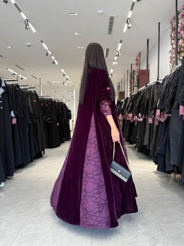 عباية D652- شتوية قماش مخمل تدخيلات دانتل - بنفسجي