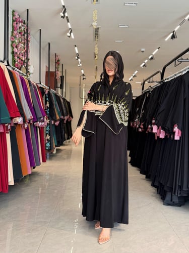 عباية D901 - بقماش ملكي نص كلوش بتطريز - زيتي