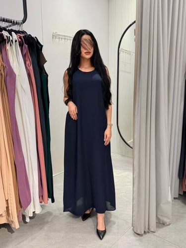 فستان D5028 - تحت العبايه بقماش لنن ساده - كحلي