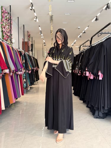 عباية D901 - بقماش ملكي نص كلوش بتطريز - زيتي