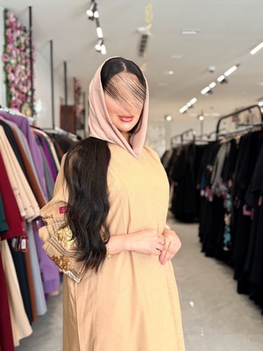 عباية D968 - بقماش لينن بتطريز وترتر قصة عادية - ذ...