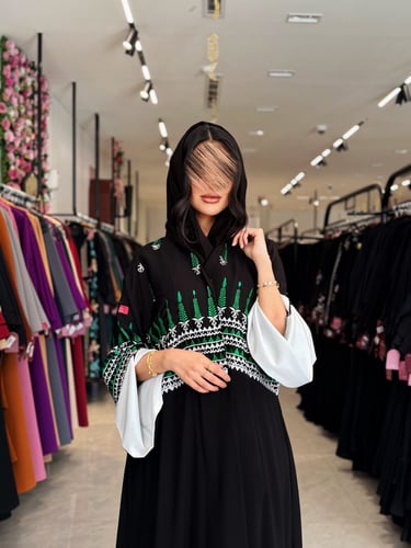 عباية D901 - بقماش ملكي نص كلوش بتطريز - عشبي