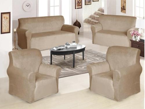 طقم غطاء كنب 4 قطع قطيفة ساده - بيج ترابي