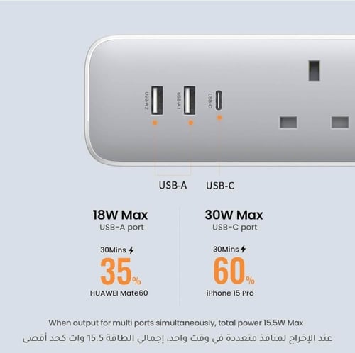 توصيلة يوجرين UGREEN بثلاث منافذ شحن بسرعة 30 واط...