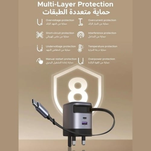 شاحن UGREEN 65W GaN | كابل مدمج قابل للسحب (USB-C)...