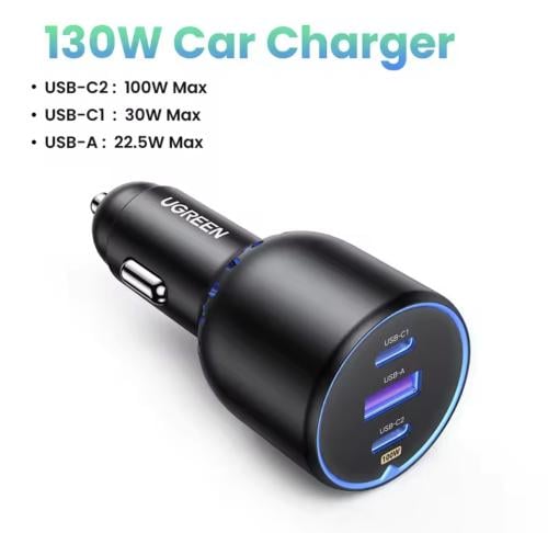 شاحن سيارة من UGREEN بثلاثة منافذ وقوة 130 واط شحن...