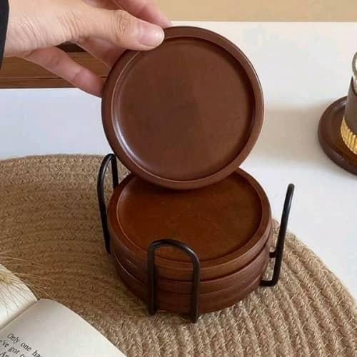 طقم قواعد أكواب خشبية (6 قطع) مع حامل أسود