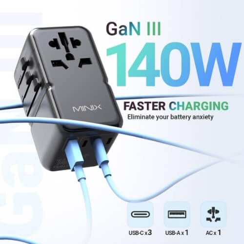 محول دولي فيش سفر عالمي MINIX (GaN) | قوة 140 واط،...