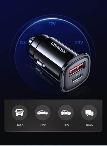 شاحن سيارة من UGREEN بمنفذين وقوة 30 واط