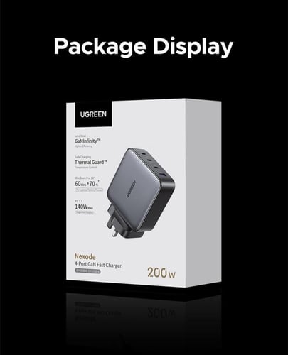 شاحن Ugreen GaN 200 واط بأربعة منافذ، شحن فائق للا...