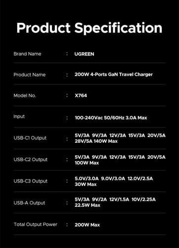 شاحن Ugreen GaN 200 واط بأربعة منافذ، شحن فائق للا...