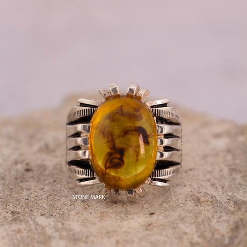 خاتم كهرمان (كبس) بصياغة عارف - Men silver 990 rin...