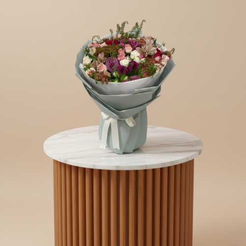 بوكيه ورد أحمر و وردي والأبيض بتغليف رمادي فاخر -...